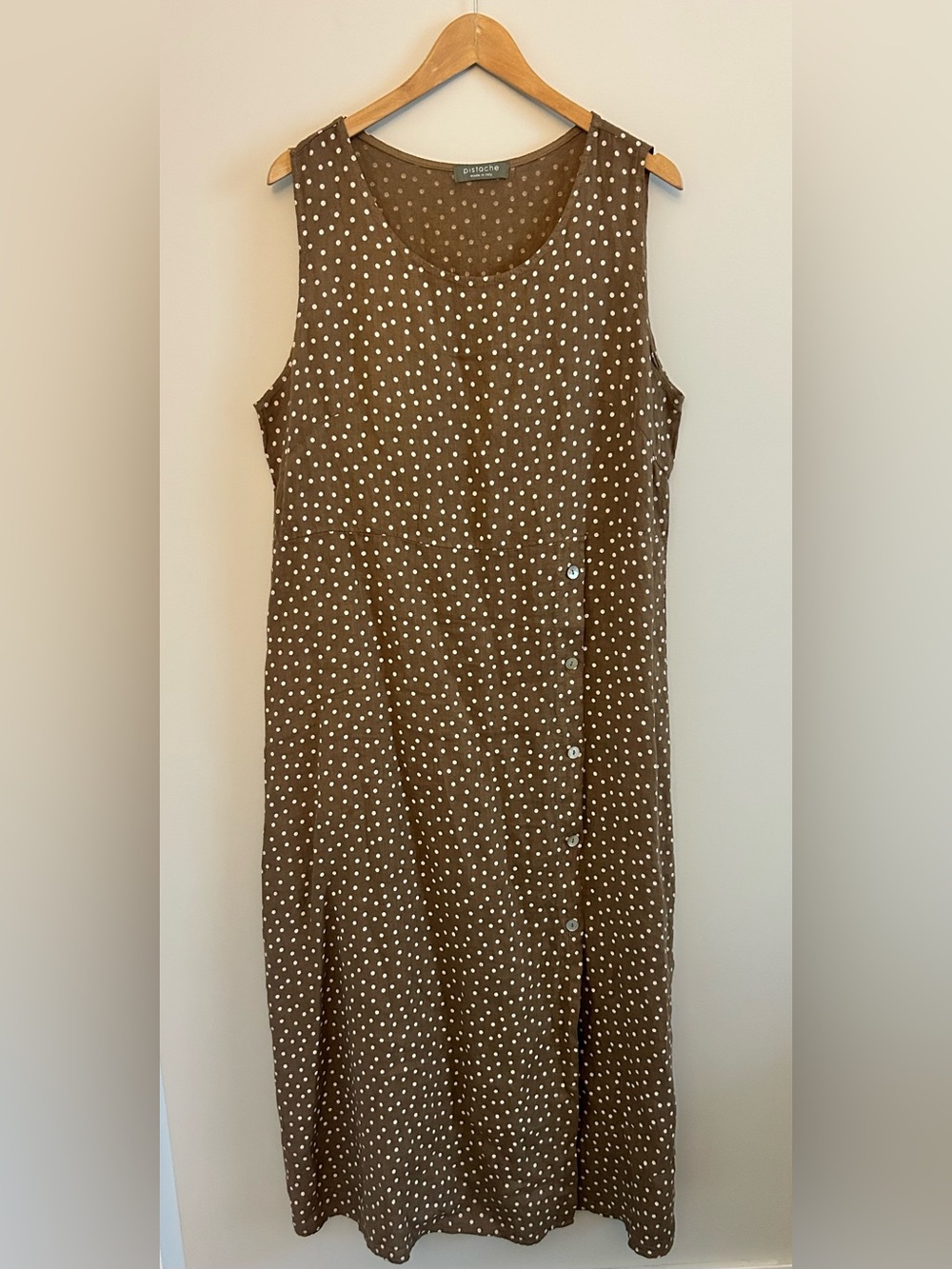 Pistache Italy 100% Linen Brown Polka Dot Maxi Dress Size L